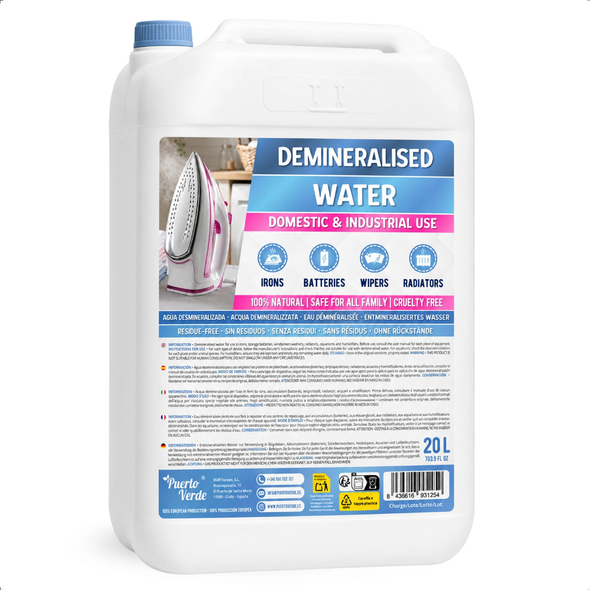 Agua Desmineralizada Destilada y Desionizada 20 Litros