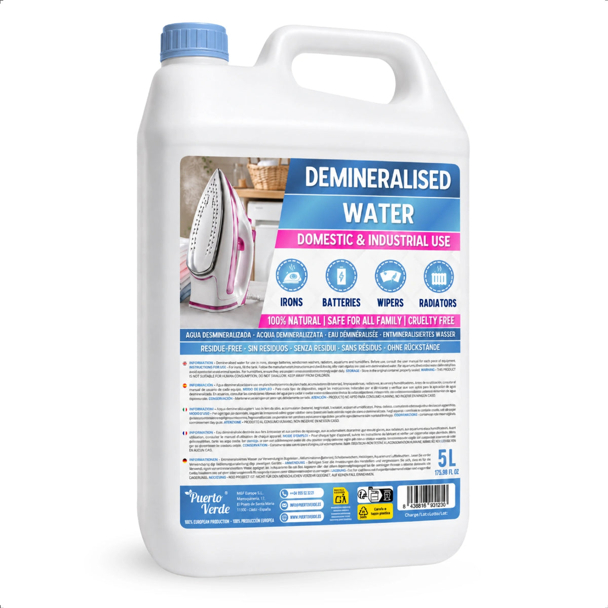 Agua Desmineralizada Destilada y Desionizada 5 Litros