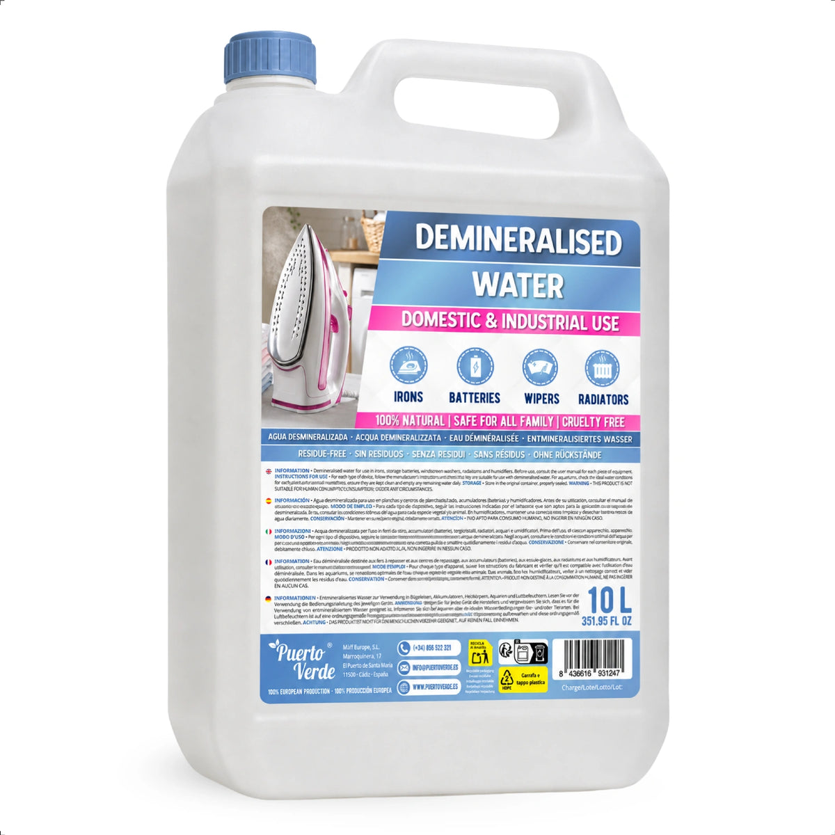 Agua Desmineralizada Destilada y Desionizada 10 Litros