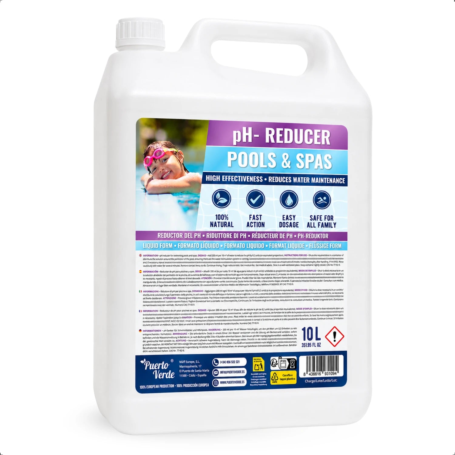 Reductor de pH líquido para piscinas Puerto Verde, garrafa de 10 L