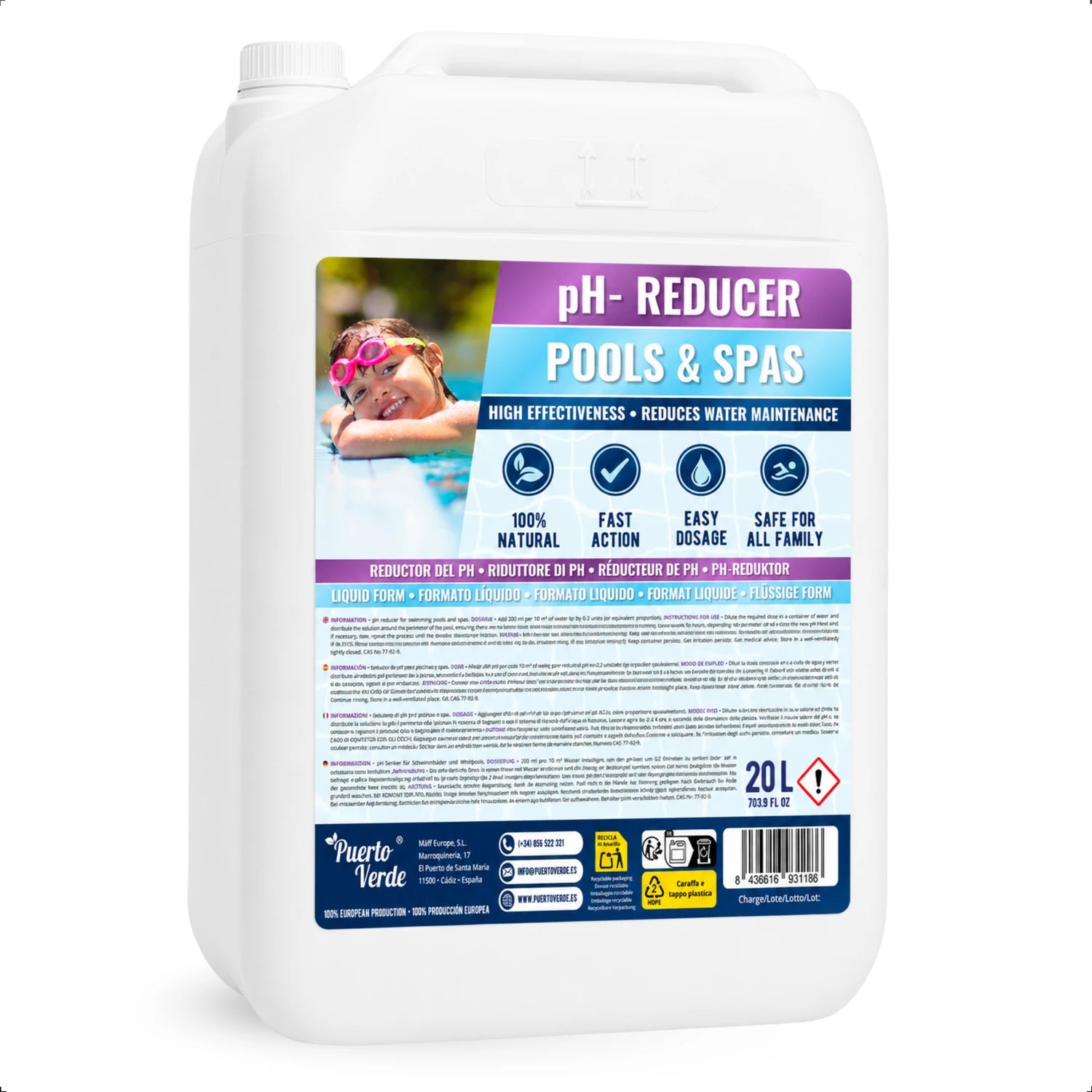 Reductor de pH líquido para piscinas Puerto Verde, garrafa de 20 L