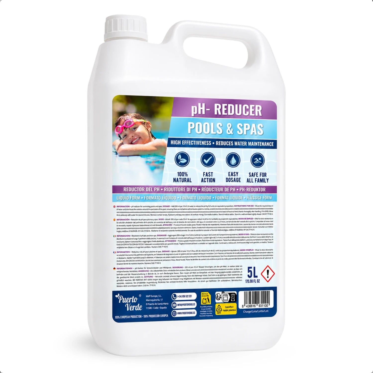 Reductor de pH líquido para piscinas Puerto Verde, garrafa de 5 L