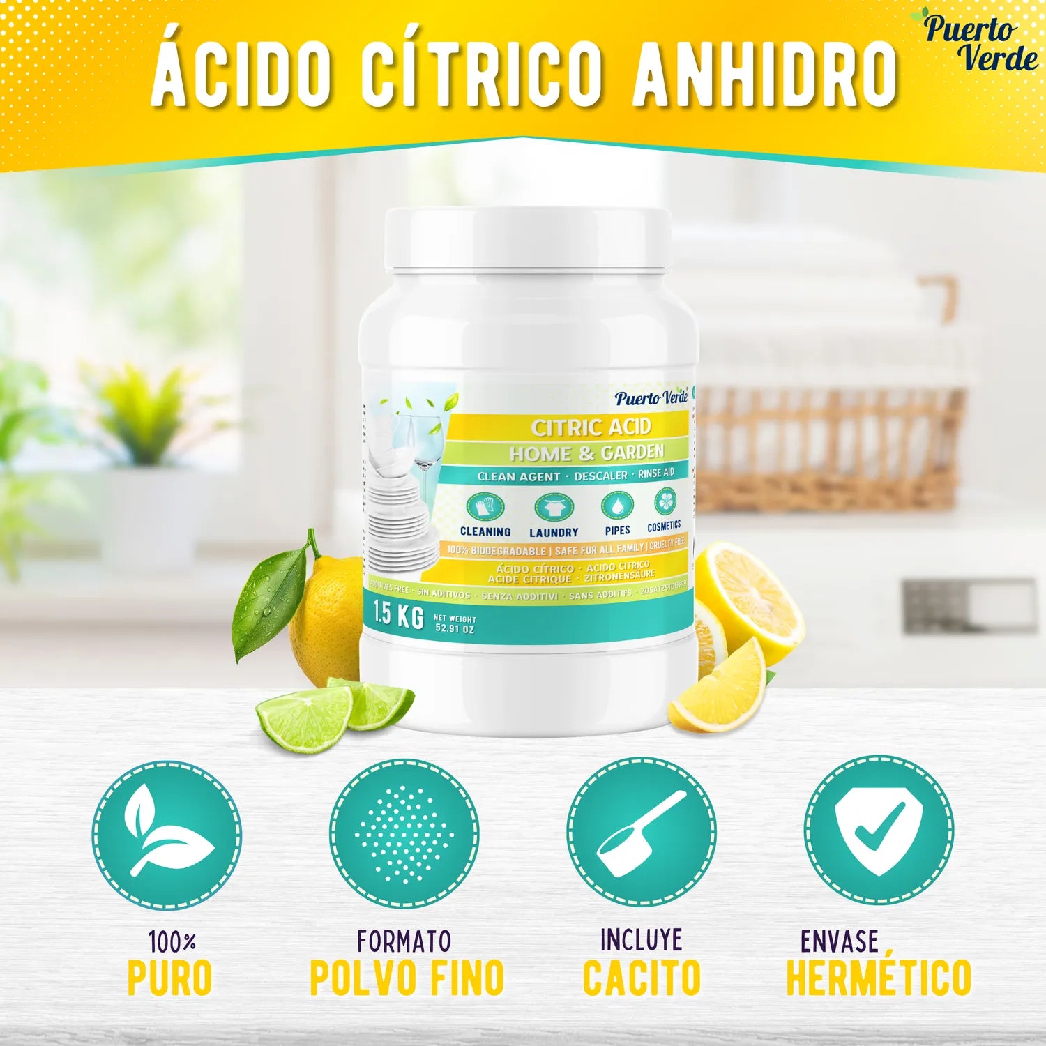 Ácido Cítrico Anhidro 100% Puro 1,5 kg