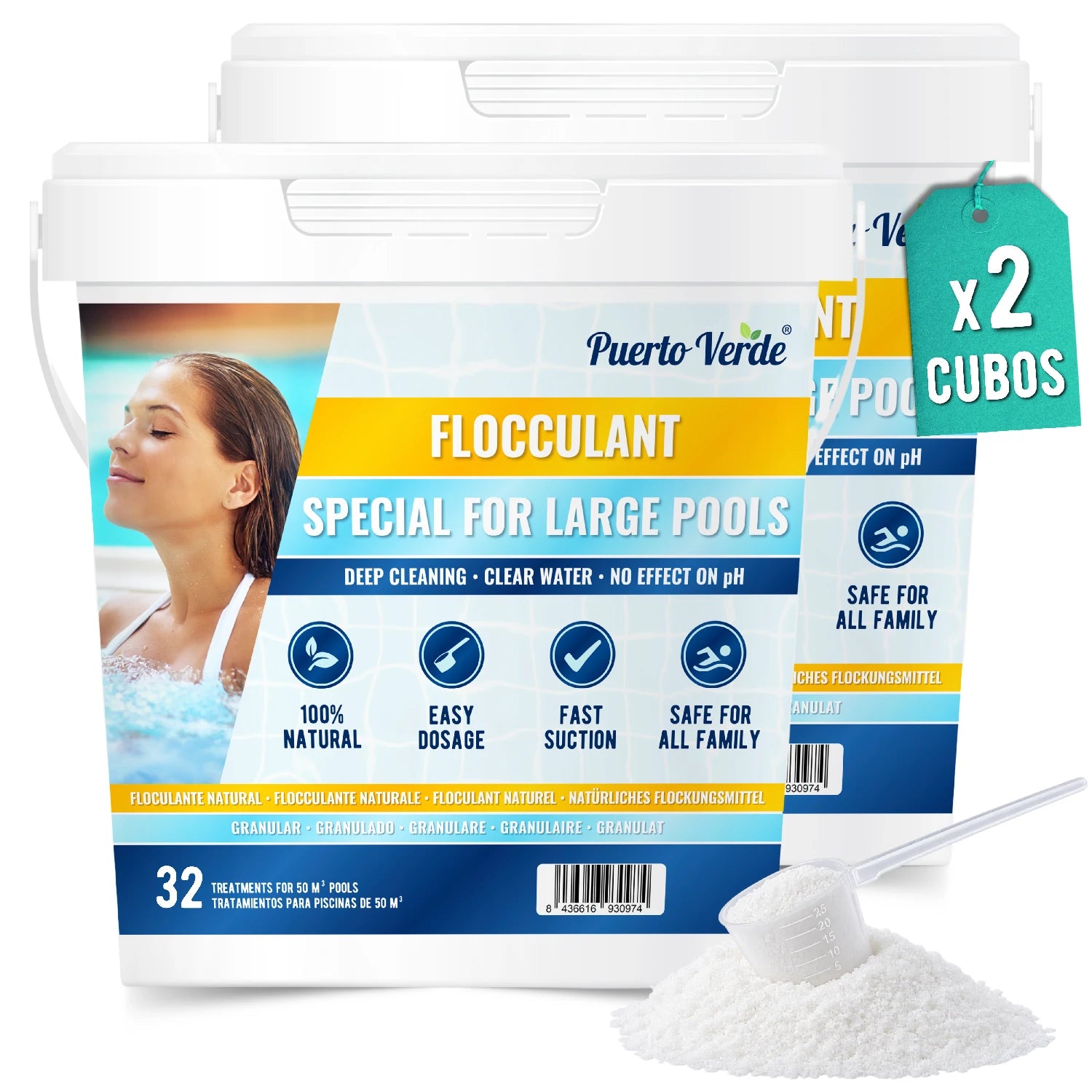 Floculante natural para piscinas grandes · Pack 2 x 32 tratamientos